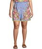 Skies Are Blue Plus Size Floral Border Coordinating Elastic Back Shorts, Color:Blue Multi - Image 1
