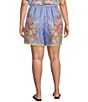 Skies Are Blue Plus Size Floral Border Coordinating Elastic Back Shorts, Color:Blue Multi - Image 2