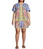 Skies Are Blue Plus Size Floral Border Coordinating Elastic Back Shorts, Color:Blue Multi - Image 3