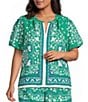 Skies Are Blue Plus Size Floral Border Split V-Neck Button Front Short Sleeve Coordinating Top - Image 1