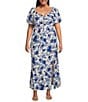 Skies Are Blue Plus Size Floral Ikat Balloon Sleeve Maxi Dress, Color:Bright Blue - Image 1