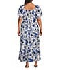 Skies Are Blue Plus Size Floral Ikat Balloon Sleeve Maxi Dress, Color:Bright Blue - Image 2