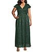 Skies Are Blue Plus Size Lurex V-Neck Short Flutter Sleeve Maxi Dress, Color:Green-Silver - Image 1