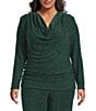 Skies Are Blue Plus Size Metallic Lurex Cowl Neck Long Sleeve Coordinating Top, Color:Hunter Green - Image 1