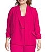 Color:Berry Pink - Image 1 - Plus Size Notch Lapel Shirred 3/4 Sleeve Open Front Coordinating Statement Blazer