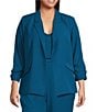 Color:Dark Teal - Image 1 - Plus Size Notch Lapel Shirred 3/4 Sleeve Open Front Coordinating Statement Blazer