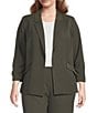 Skies Are Blue Plus Size Notch Lapel Shirred 3/4 Sleeve Open Front Coordinating Statement Blazer, Color:Dark Olive - Image 1