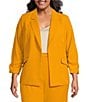 Color:Mustard - Image 1 - Plus Size Notch Lapel Shirred 3/4 Sleeve Open Front Coordinating Statement Blazer