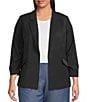Skies Are Blue Plus Size Notch Lapel Shirred 3/4 Sleeve Open Front Coordinating Statement Blazer, Color:Black - Image 1