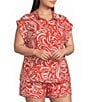 Skies Are Blue Plus Size Printed Collared V-Neck Cap Sleeve Coordinating Button Front Top - Image 1