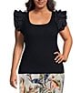 Color:Navy - Image 1 - Plus Size Ribbed Scoop Neck Short Ruffle Sleeve Top