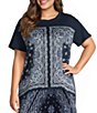 Skies Are Blue Plus Size Scarf Print Crew Neck Short Sleeve Mixed Media Top - Image 1
