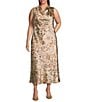 Skies Are Blue Plus Size Sleeveless Butterfly Printed Midi Satin Dress, Color:Beige Multi - Image 1