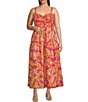 Skies Are Blue Plus Size Sleeveless Smock Top Floral Maxi Dress, Color:Bright Coral - Image 1