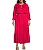 Color:Cherry - Image 1 - Plus Size Solid Woven Long Ruffle Sleeve Front Tie Tiered Dress