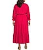Color:Cherry - Image 2 - Plus Size Solid Woven Long Ruffle Sleeve Front Tie Tiered Dress