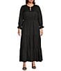 Color:Black - Image 1 - Plus Size Solid Woven Long Ruffle Sleeve Front Tie Tiered Dress