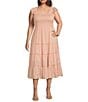 Color:Peach Bellini - Image 1 - Plus Size Square Neck Cap Sleeve Smocked Tiered Midi Dress