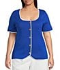 Skies Are Blue Plus Size Square Neck Short Sleeve Button Front Top - Image 1