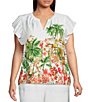 Skies Are Blue Plus Size Tropical Placement Printed Split V Neck Ruffle Sleeve Coordinating Top - Image 1