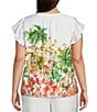 Skies Are Blue Plus Size Tropical Placement Printed Split V Neck Ruffle Sleeve Coordinating Top - Image 2