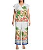 Skies Are Blue Plus Size Tropical Placement Printed Split V Neck Ruffle Sleeve Coordinating Top - Image 3