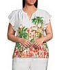 Skies Are Blue Plus Size Tropical Placement Printed Split V Neck Ruffle Sleeve Coordinating Top - Image 1
