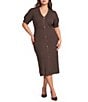 Skies Are Blue Plus Size V-Neck Short Sleeve Button Front Knit Midi Dress - Image 1