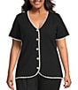 Skies Are Blue Plus Size Whip Stitched Scalloped Edge Short Sleeve Sweater Knit Top, Color:Black/Cream - Image 1