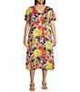 Color:Multi Floral - Image 1 - Plus Size Woven Floral Print Short Sleeve V-Neck Maxi Dress