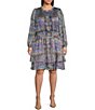 Color:Lavender/Navy - Image 1 - Plus Size Woven Printed Smocked Crew Neck Long Sleeve Dress