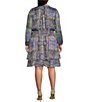 Color:Lavender/Navy - Image 2 - Plus Size Woven Printed Smocked Crew Neck Long Sleeve Dress