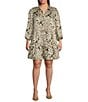 Skies Are Blue Print Point Collar Long Sleeve Button Front Tiered A-Line Dress, Color:Olive -Cream - Image 1