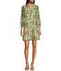 Color:Green/Cream - Image 1 - Printed Button Front Long Sleeve Mini Dress