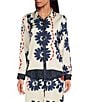 Color:Ivory-Navy - Image 1 - Printed Collar Neck Button Down Coordinating Long Sleeve Top