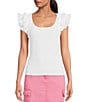 Color:White - Image 1 - Ribbed Scoop Neck Short Ruffle Sleeves Top
