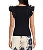 Color:Navy - Image 2 - Ribbed Scoop Neck Short Ruffle Sleeves Top
