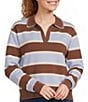 Skies Are Blue Rugby Striped Collared Split V-Neck Long Sleeve Sweater Knit Top - Image 1