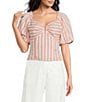 Skies Are Blue Stripe Print Sweetheart Neck Short Bubble Sleeve Coordinating Top - Image 1