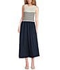 Skies Are Blue Striped Mixed Media Sleeveless Crew Neck Midi Dress, Color:Navy-Off White - Image 1
