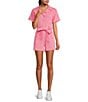 Color:Pink - Image 1 - Washed Cotton Twill Notch Collar Short Sleeve Button Front Belted Romper