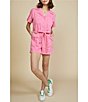 Color:Pink - Image 4 - Washed Cotton Twill Notch Collar Short Sleeve Button Front Belted Romper