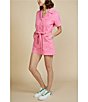 Color:Pink - Image 5 - Washed Cotton Twill Notch Collar Short Sleeve Button Front Belted Romper