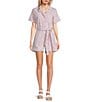 Color:Lavender - Image 1 - Washed Cotton Twill Notch Collar Short Sleeve Button Front Belted Romper