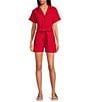 Color:Red - Image 1 - Washed Cotton Twill Notch Collar Short Sleeve Button Front Belted Romper