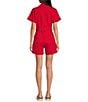 Color:Red - Image 2 - Washed Cotton Twill Notch Collar Short Sleeve Button Front Belted Romper