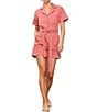 Skies Are Blue Washed Cotton Twill Notch Collar Short Sleeve Button Front Belted Romper, Color:Coral - Image 1