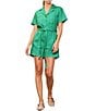 Skies Are Blue Washed Cotton Twill Notch Collar Short Sleeve Button Front Belted Romper, Color:Green - Image 1