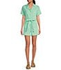 Color:Mint - Image 1 - Washed Cotton Twill Notch Collar Short Sleeve Button Front Belted Romper