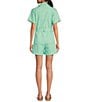 Color:Mint - Image 2 - Washed Cotton Twill Notch Collar Short Sleeve Button Front Belted Romper